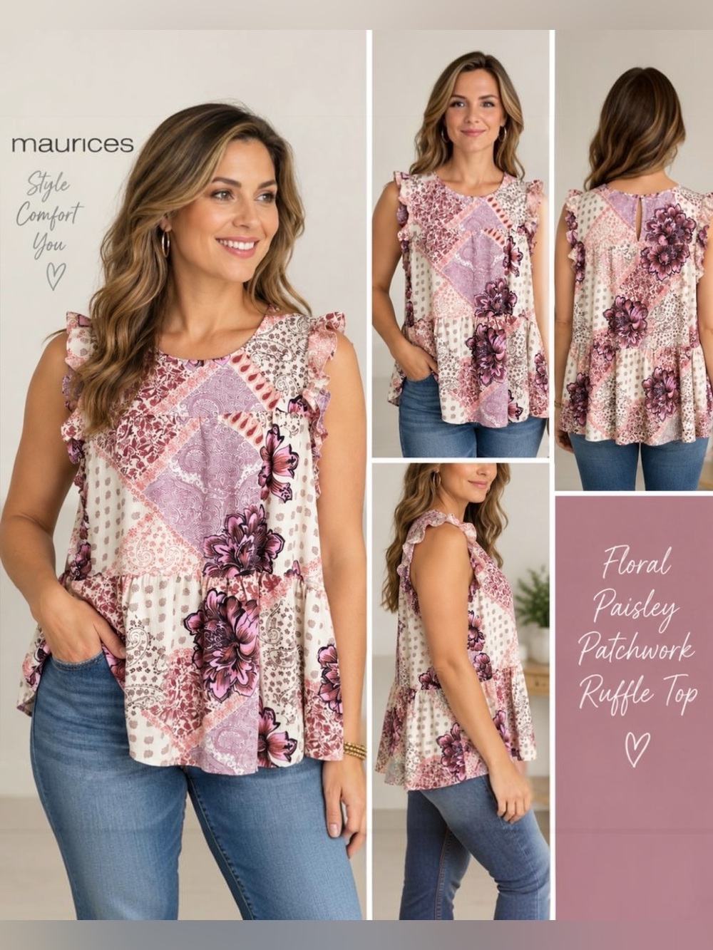 Maurices Large Floral Paisley Patchwork Ruffle Sleeveless Boho Top